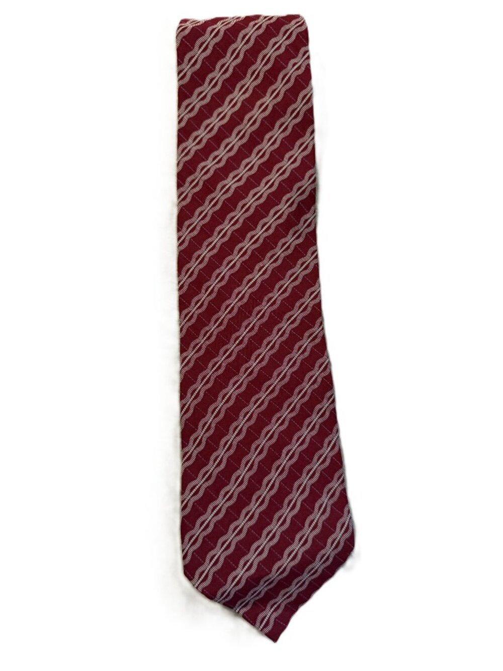 Giorgio Armani 100% Silk Tie – (Maroon with White Wavy‑Line Geometric Pattern)